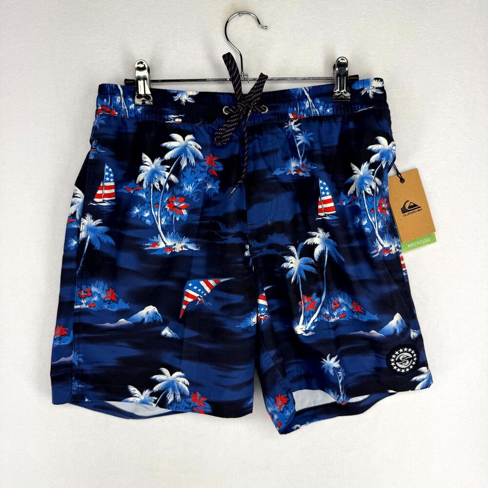 Quiksilver American Flag Sailboat & Palm Tree Swim Board Shorts Mens Size S NEW